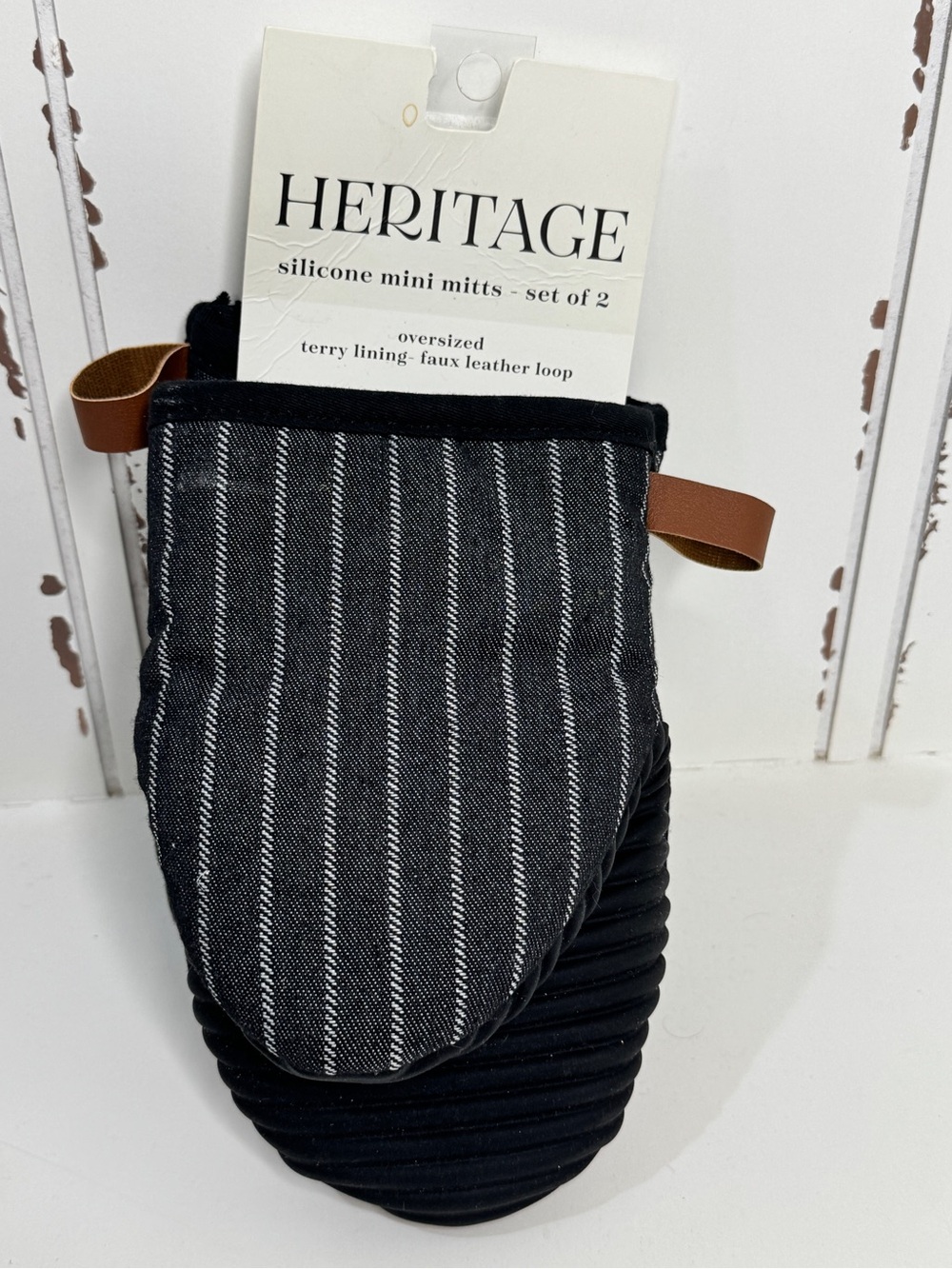 HERITAGE Black and White Pinstripe Silicone Mini Mitts with Brown Loop